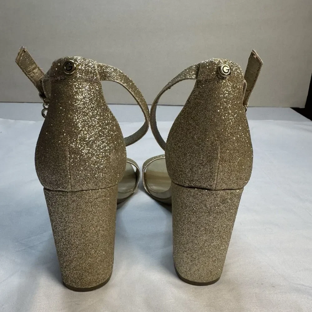 G by Guess Women’s Gold Glitter Ankle Strap Heels Size 8.5 Open Toe Dress Shoes